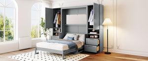 English Elm Full Size Murphy Wall Bed with Wardrobe Drawers and Shelves in Gray MDF Finish LP000908AAE-2