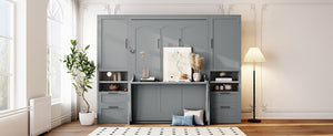 English Elm Full Size Murphy Wall Bed with Wardrobe Drawers and Shelves in Gray MDF Finish LP000908AAE-2