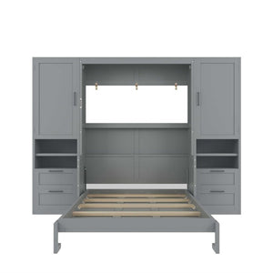 English Elm Full Size Murphy Wall Bed with Wardrobe Drawers and Shelves in Gray MDF Finish LP000908AAE-2