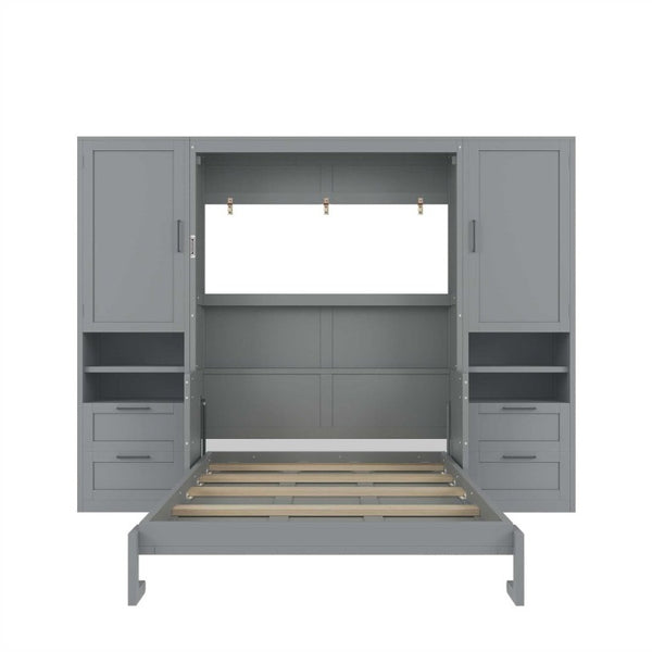 English Elm Full Size Murphy Wall Bed with Wardrobe Drawers and Shelves in Gray MDF Finish LP000908AAE-2