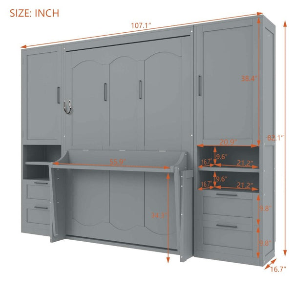 English Elm Full Size Murphy Wall Bed with Wardrobe Drawers and Shelves in Gray MDF Finish LP000908AAE-2