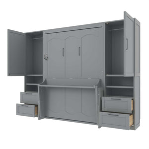 English Elm Full Size Murphy Wall Bed with Wardrobe Drawers and Shelves in Gray MDF Finish LP000908AAE-2