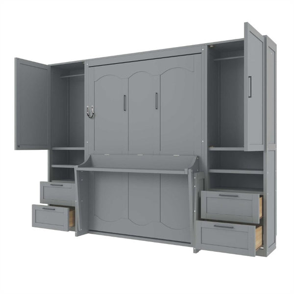 English Elm Full Size Murphy Wall Bed with Wardrobe Drawers and Shelves in Gray MDF Finish LP000908AAE-2
