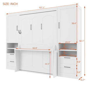 English Elm Full Size Murphy Wall Bed with Wardrobe Drawers and Shelves for Studio Spaces MDF LP000908AAK-2