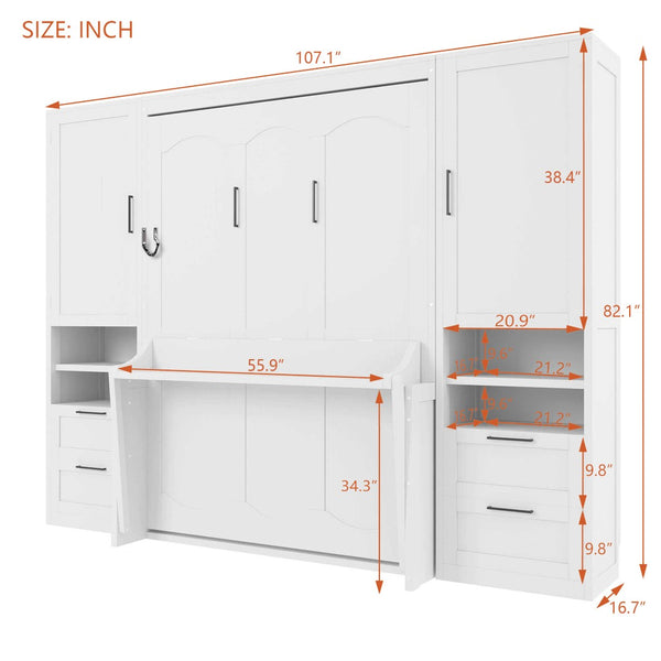 English Elm Full Size Murphy Wall Bed with Wardrobe Drawers and Shelves for Studio Spaces MDF LP000908AAK-2