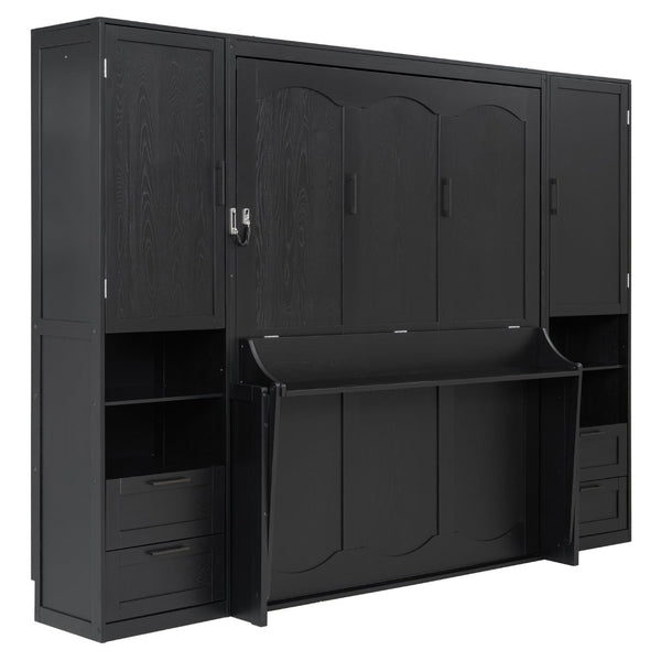 English Elm Queen Murphy Wall Bed Cabinet with Wardrobe Drawers and Shelves for Guest Rooms LP000909AAB-3