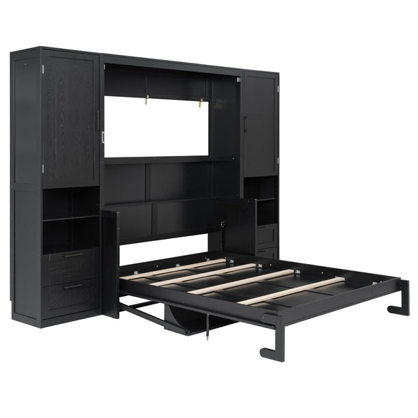 English Elm Queen Murphy Wall Bed Cabinet with Wardrobe Drawers and Shelves for Guest Rooms LP000909AAB-3