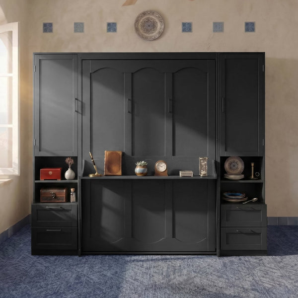English Elm Queen Murphy Wall Bed Cabinet with Wardrobe Drawers and Shelves for Guest Rooms LP000909AAB-3