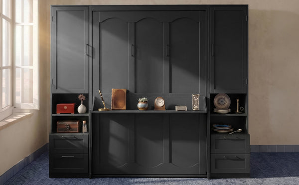 English Elm Queen Murphy Wall Bed Cabinet with Wardrobe Drawers and Shelves for Guest Rooms LP000909AAB-3