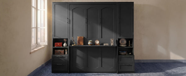 English Elm Queen Murphy Wall Bed Cabinet with Wardrobe Drawers and Shelves for Guest Rooms LP000909AAB-3