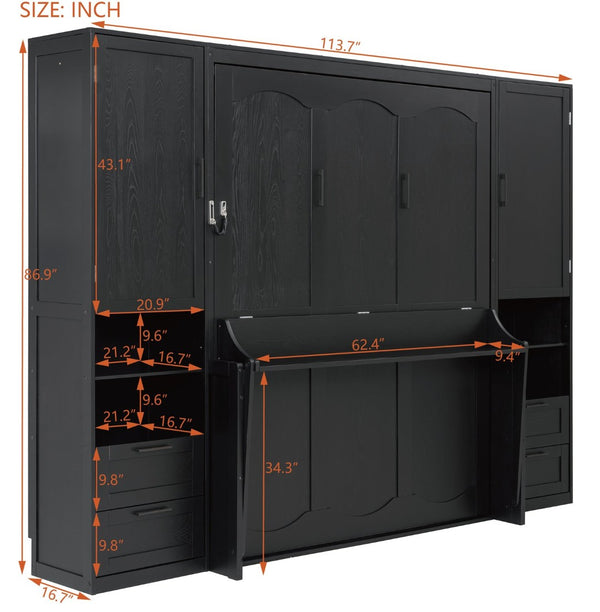 English Elm Queen Murphy Wall Bed Cabinet with Wardrobe Drawers and Shelves for Guest Rooms LP000909AAB-3