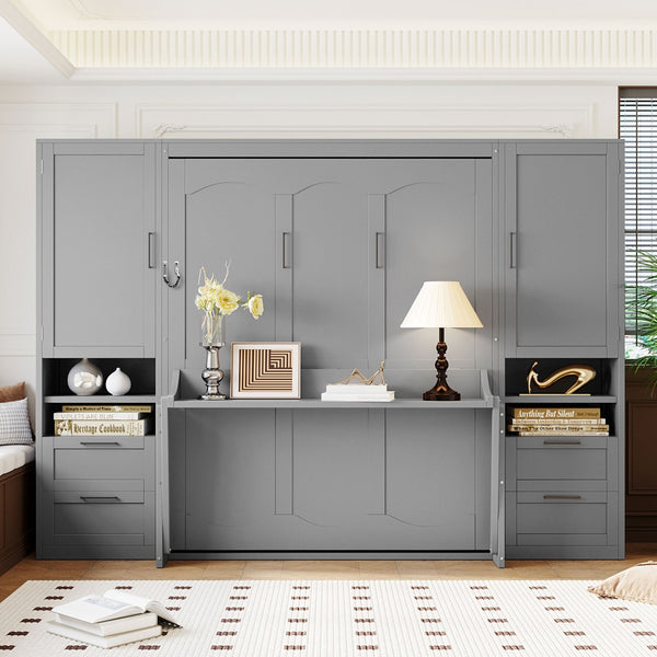 English Elm Queen Murphy Wall Bed Cabinet with Wardrobe Drawers and Shelves for Guest Rooms Gray LP000909AAE-3
