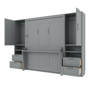 English Elm Queen Murphy Wall Bed Cabinet with Wardrobe Drawers and Shelves for Guest Rooms Gray LP000909AAE-3