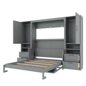 English Elm Queen Murphy Wall Bed Cabinet with Wardrobe Drawers and Shelves for Guest Rooms Gray LP000909AAE-3