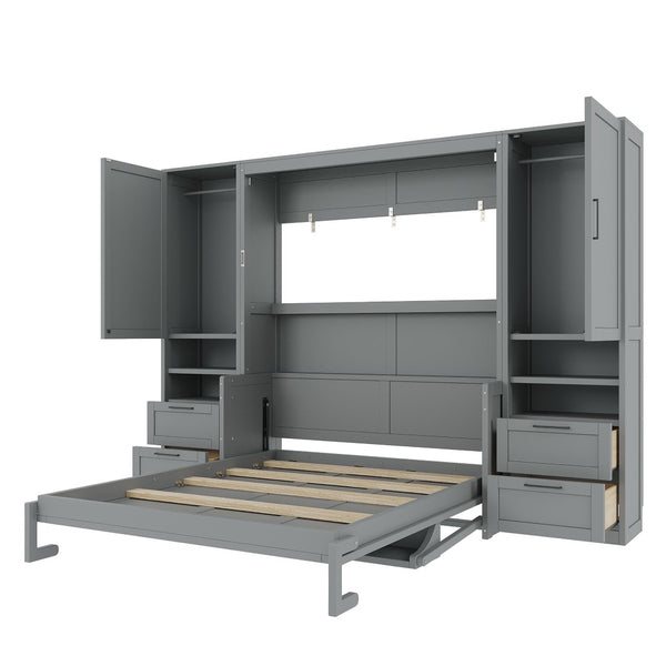 English Elm Queen Murphy Wall Bed Cabinet with Wardrobe Drawers and Shelves for Guest Rooms Gray LP000909AAE-3