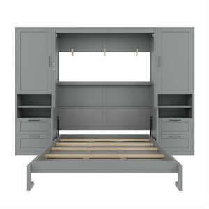 English Elm Queen Murphy Wall Bed Cabinet with Wardrobe Drawers and Shelves for Guest Rooms Gray LP000909AAE-3
