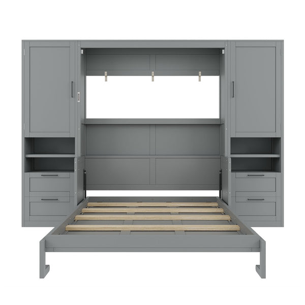 English Elm Queen Murphy Wall Bed Cabinet with Wardrobe Drawers and Shelves for Guest Rooms Gray LP000909AAE-3