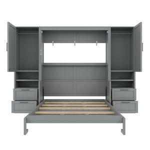 English Elm Queen Murphy Wall Bed Cabinet with Wardrobe Drawers and Shelves for Guest Rooms Gray LP000909AAE-3