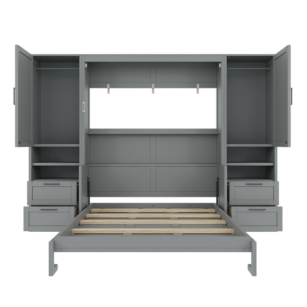 English Elm Queen Murphy Wall Bed Cabinet with Wardrobe Drawers and Shelves for Guest Rooms Gray LP000909AAE-3