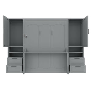 English Elm Queen Murphy Wall Bed Cabinet with Wardrobe Drawers and Shelves for Guest Rooms Gray LP000909AAE-3