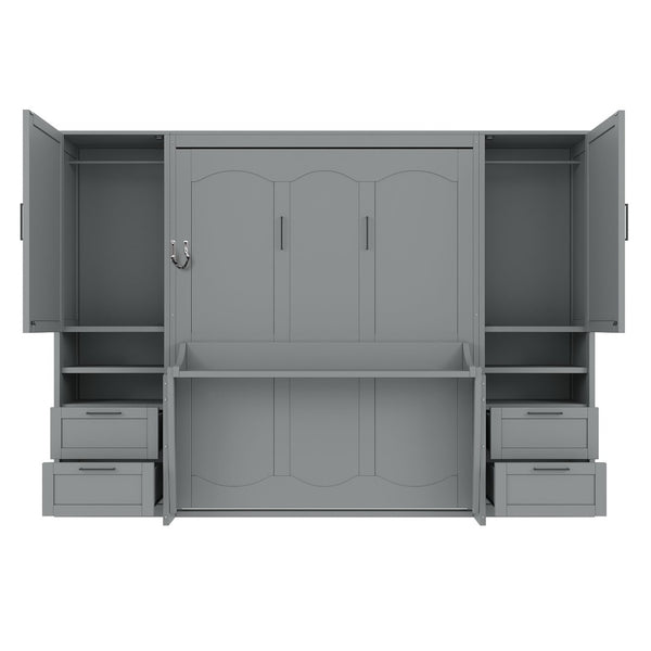 English Elm Queen Murphy Wall Bed Cabinet with Wardrobe Drawers and Shelves for Guest Rooms Gray LP000909AAE-3