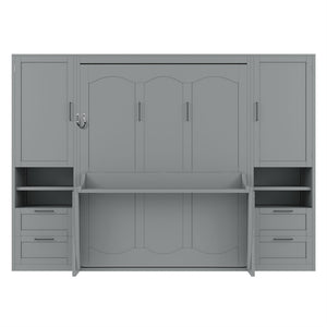 English Elm Queen Murphy Wall Bed Cabinet with Wardrobe Drawers and Shelves for Guest Rooms Gray LP000909AAE-3