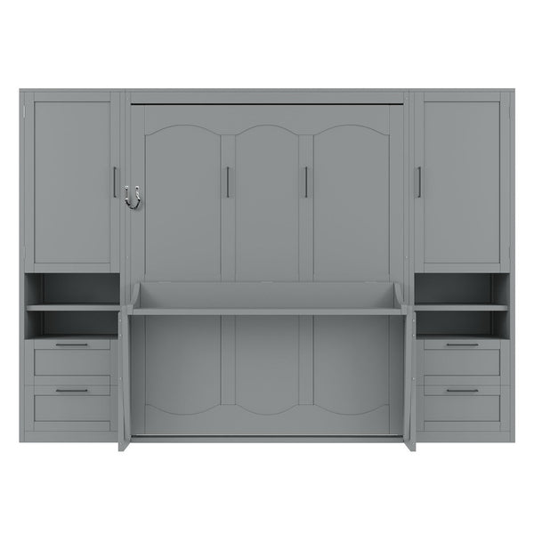 English Elm Queen Murphy Wall Bed Cabinet with Wardrobe Drawers and Shelves for Guest Rooms Gray LP000909AAE-3