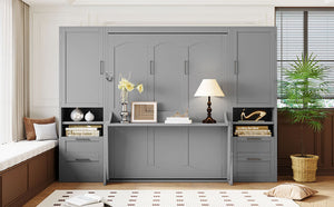 English Elm Queen Murphy Wall Bed Cabinet with Wardrobe Drawers and Shelves for Guest Rooms Gray LP000909AAE-3