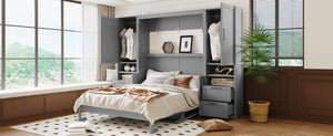 English Elm Queen Murphy Wall Bed Cabinet with Wardrobe Drawers and Shelves for Guest Rooms Gray LP000909AAE-3