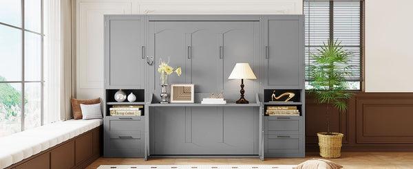 English Elm Queen Murphy Wall Bed Cabinet with Wardrobe Drawers and Shelves for Guest Rooms Gray LP000909AAE-3