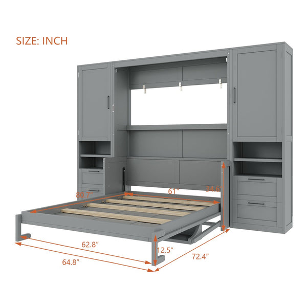 English Elm Queen Murphy Wall Bed Cabinet with Wardrobe Drawers and Shelves for Guest Rooms Gray LP000909AAE-3