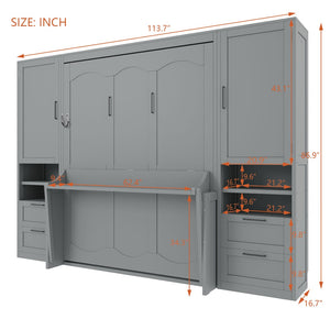 English Elm Queen Murphy Wall Bed Cabinet with Wardrobe Drawers and Shelves for Guest Rooms Gray LP000909AAE-3