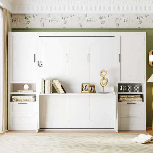 English Elm Queen Murphy Wall Bed Cabinet with Wardrobe Drawers and Shelves for Guest Rooms White LP000909AAK-3