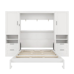 English Elm Queen Murphy Wall Bed Cabinet with Wardrobe Drawers and Shelves for Guest Rooms White LP000909AAK-3
