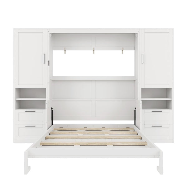 English Elm Queen Murphy Wall Bed Cabinet with Wardrobe Drawers and Shelves for Guest Rooms White LP000909AAK-3