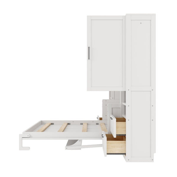 English Elm Queen Murphy Wall Bed Cabinet with Wardrobe Drawers and Shelves for Guest Rooms White LP000909AAK-3