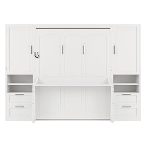 English Elm Queen Murphy Wall Bed Cabinet with Wardrobe Drawers and Shelves for Guest Rooms White LP000909AAK-3