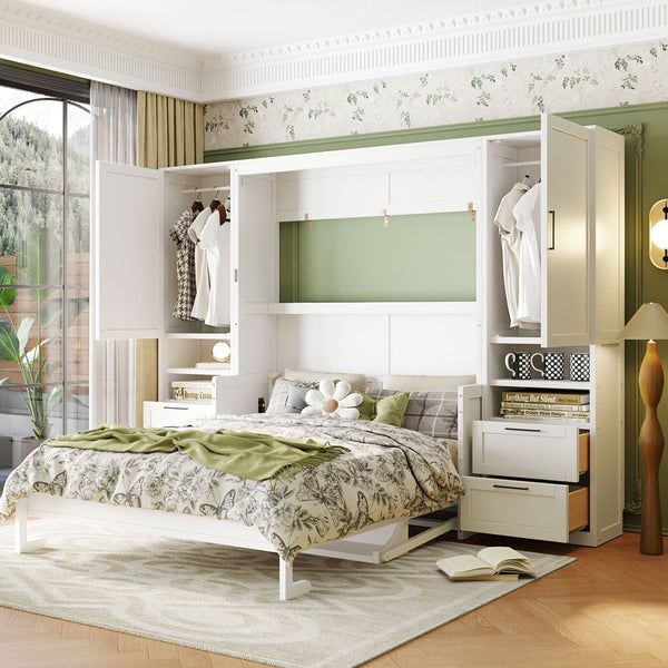 English Elm Queen Murphy Wall Bed Cabinet with Wardrobe Drawers and Shelves for Guest Rooms White LP000909AAK-3