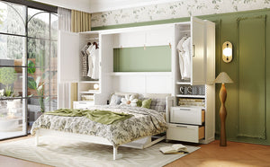 English Elm Queen Murphy Wall Bed Cabinet with Wardrobe Drawers and Shelves for Guest Rooms White LP000909AAK-3