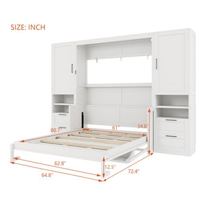 English Elm Queen Murphy Wall Bed Cabinet with Wardrobe Drawers and Shelves for Guest Rooms White LP000909AAK-3