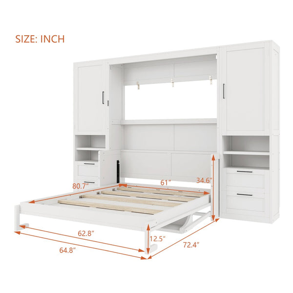 English Elm Queen Murphy Wall Bed Cabinet with Wardrobe Drawers and Shelves for Guest Rooms White LP000909AAK-3