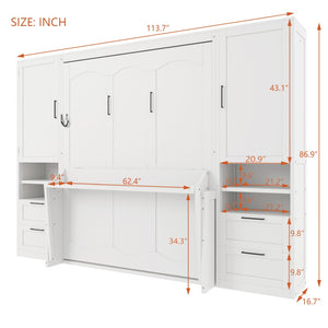 English Elm Queen Murphy Wall Bed Cabinet with Wardrobe Drawers and Shelves for Guest Rooms White LP000909AAK-3