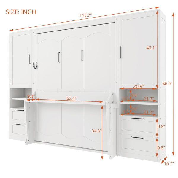 English Elm Queen Murphy Wall Bed Cabinet with Wardrobe Drawers and Shelves for Guest Rooms White LP000909AAK-3