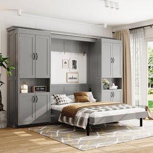 English Elm Full-Size Murphy Bed with Sliding Cabinets and Six-Tier Shelves for Modern Living Gray LP000919AAE-1