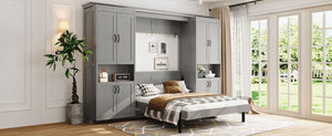 English Elm Full-Size Murphy Bed with Sliding Cabinets and Six-Tier Shelves for Modern Living Gray LP000919AAE-1