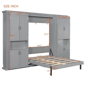 English Elm Full-Size Murphy Bed with Sliding Cabinets and Six-Tier Shelves for Modern Living Gray LP000919AAE-1