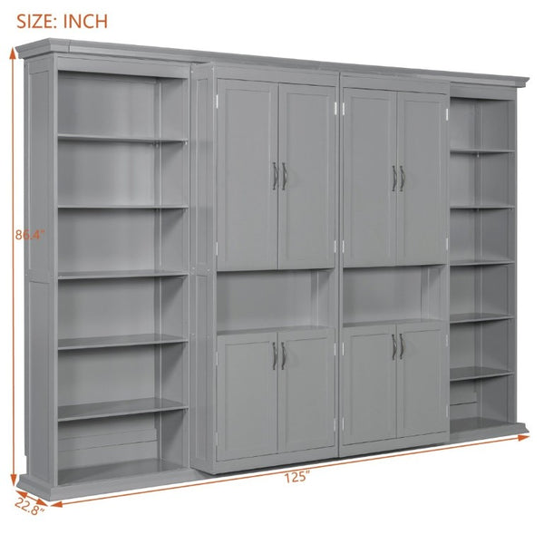 English Elm Full-Size Murphy Bed with Sliding Cabinets and Six-Tier Shelves for Modern Living Gray LP000919AAE-1