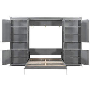 English Elm Full-Size Murphy Bed with Sliding Cabinets and Six-Tier Shelves for Modern Living Gray LP000919AAE-1