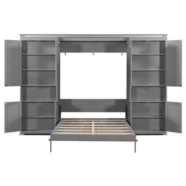 English Elm Full-Size Murphy Bed with Sliding Cabinets and Six-Tier Shelves for Modern Living Gray LP000919AAE-1
