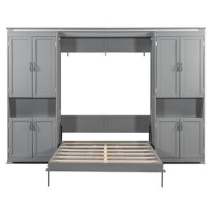 English Elm Full-Size Murphy Bed with Sliding Cabinets and Six-Tier Shelves for Modern Living Gray LP000919AAE-1
